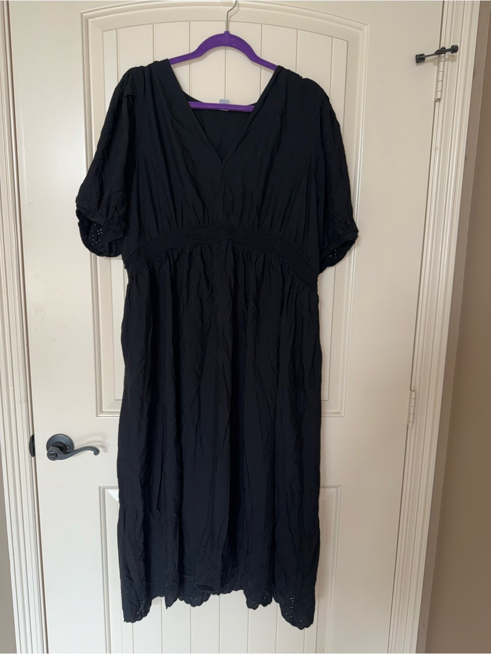 Old Navy Black V-Neck Midi Dress with Puff Sleeves